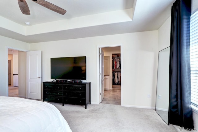 carpeted bedroom with a walk in closet, baseboards, a raised ceiling, and a ceiling fan