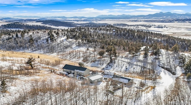 snowy aerial view with a mountain view