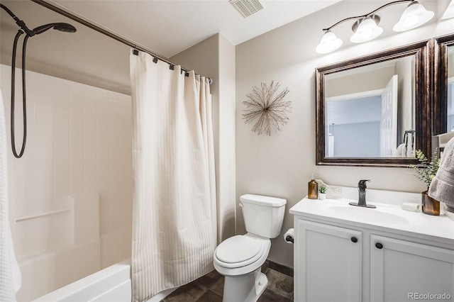 full bathroom with vanity, toilet, and shower / bathtub combination with curtain