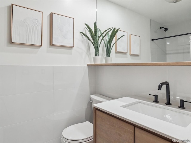 11569 W 27th Ave, Lakewood, CO 80215 - bathroom with vanity, a shower, and tile walls