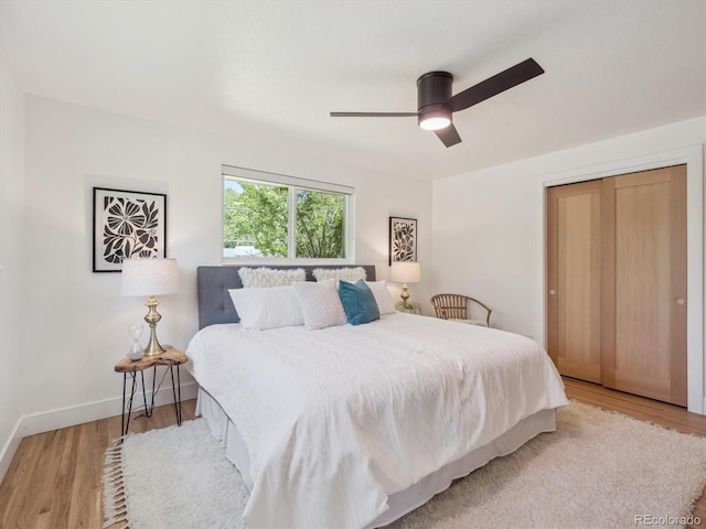 11569 W 27th Ave, Lakewood, CO 80215 - bedroom with light wood finished floors, a ceiling fan, and a closet