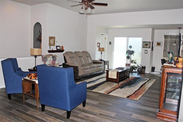7824 S Zante Ct, Aurora, CO 80016 - living room with a ceiling fan, wood finished floors, and arched walkways