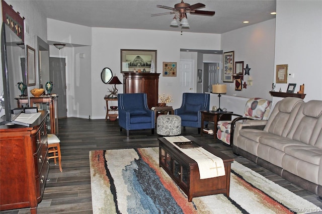 7824 S Zante Ct, Aurora, CO 80016 - living room featuring dark wood-style floors and ceiling fan