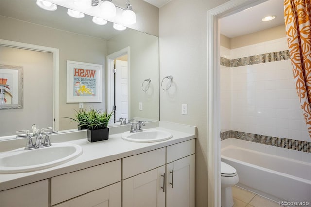 5451 W 73rd Ave, Westminster, CO 80003 - bathroom featuring double vanity, shower / tub combo, and tile patterned flooring