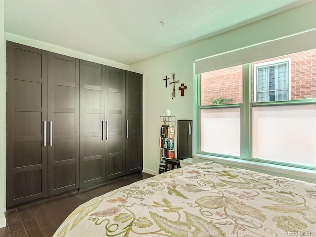 bedroom featuring dark hardwood / wood-style flooring and a closet