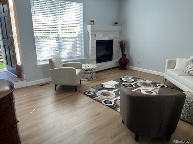 living room with light wood-type flooring and a fireplace