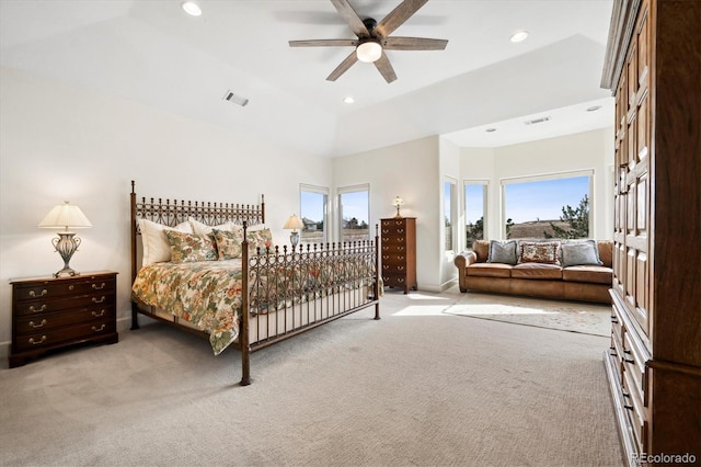 bedroom featuring ceiling fan, visible vents, light colored carpet, and recessed lighting