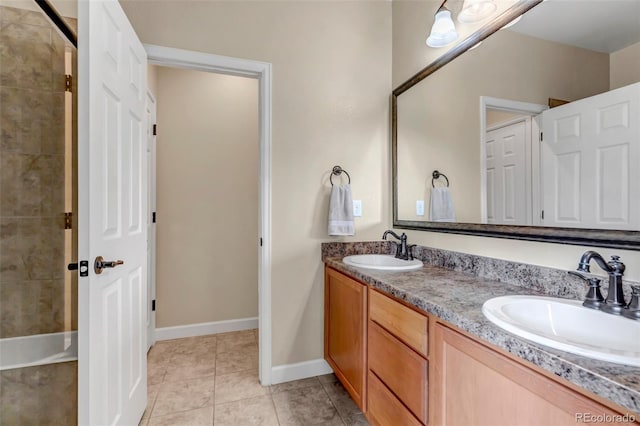 4032 Donnington Cir, Castle Rock, CO 80104 - bathroom with double vanity, tile patterned floors, a bathtub, and a tile shower