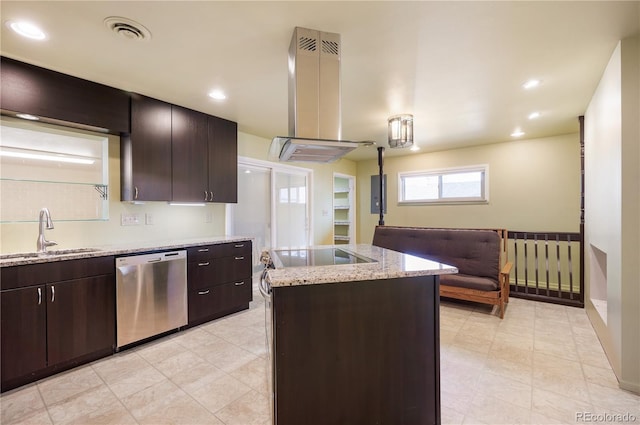 kitchen with a center island, sink, stainless steel dishwasher, range hood, and dark brown cabinets