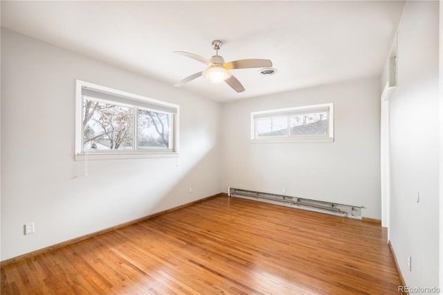 unfurnished room featuring hardwood / wood-style flooring, ceiling fan, a healthy amount of sunlight, and a baseboard radiator