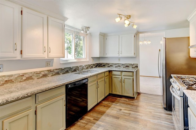 1487 S Zeno Way, Aurora, CO 80017 - kitchen featuring black dishwasher, gas stove, a sink, light wood-type flooring, and a chandelier