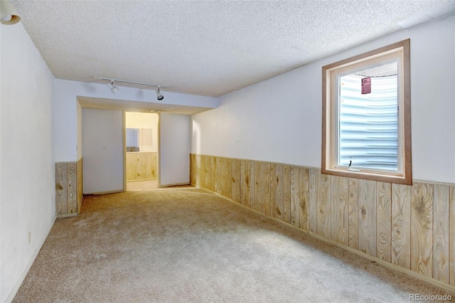1487 S Zeno Way, Aurora, CO 80017 - empty room featuring wainscoting, a textured ceiling, rail lighting, wooden walls, and carpet