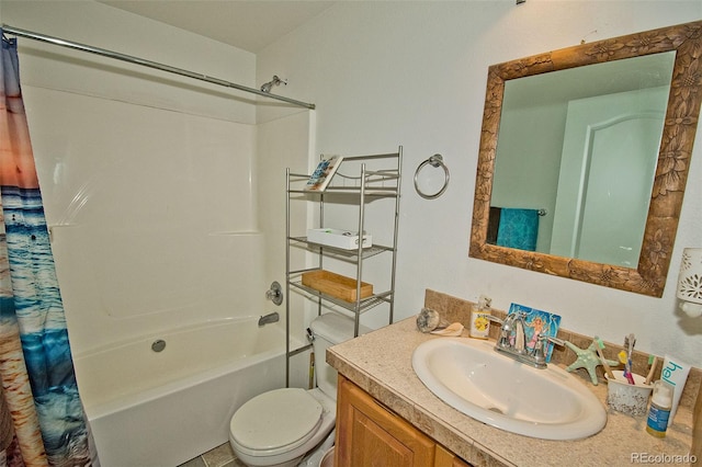 full bathroom featuring toilet, vanity, and shower / tub combo with curtain