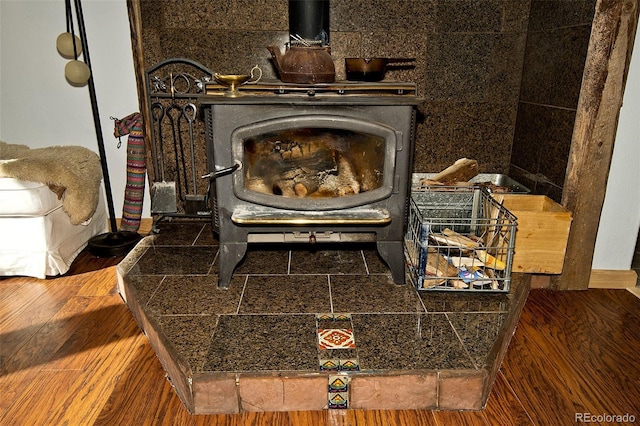 interior details featuring a wood stove