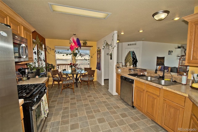 kitchen with sink, a textured ceiling, and stainless steel appliances