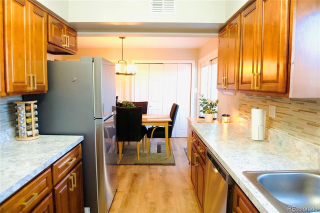 3825 S Monaco Pkwy Unit 111, Denver, CO 80237 - kitchen featuring brown cabinets, stainless steel appliances, and backsplash