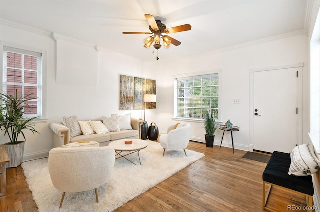 living room featuring hardwood / wood-style floors, ceiling fan, and crown molding