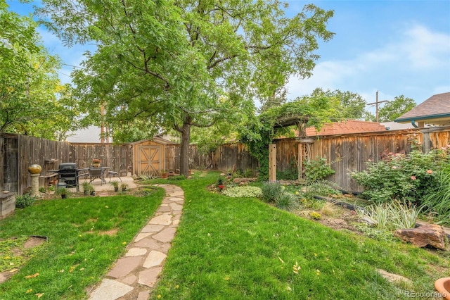 view of yard with a shed and a patio area