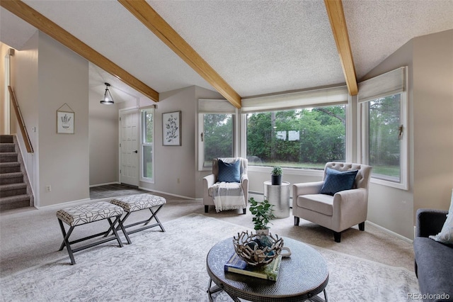 14650 Tejon St, Broomfield, CO 80023 - living area featuring carpet floors, stairs, a textured ceiling, and baseboards