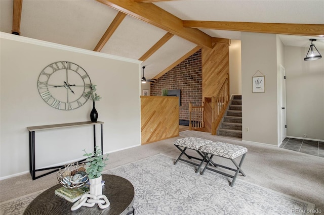 14650 Tejon St, Broomfield, CO 80023 - living room featuring carpet, stairway, baseboards, and a fireplace