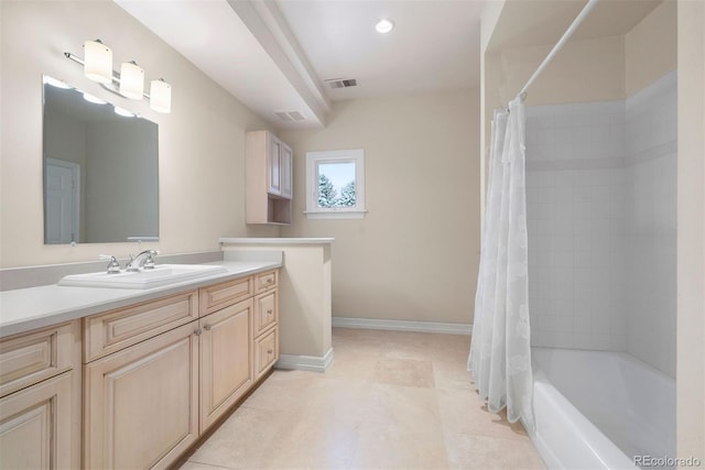4800 E Cedar Ave, Denver, CO 80246 - bathroom featuring vanity, baseboards, shower / bath combo, and tile patterned flooring