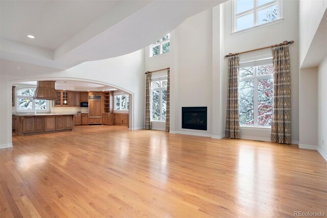 4800 E Cedar Ave, Denver, CO 80246 - unfurnished living room featuring plenty of natural light, light wood-style flooring, a high ceiling, and arched walkways