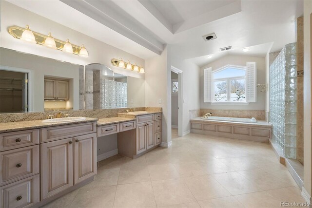 4800 E Cedar Ave, Denver, CO 80246 - full bath with tile patterned flooring, a garden tub, baseboards, and vanity