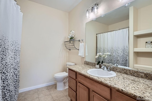 bathroom featuring tile patterned flooring, toilet, baseboards, vanity, and a shower with shower curtain