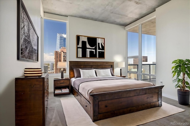 carpeted bedroom with floor to ceiling windows