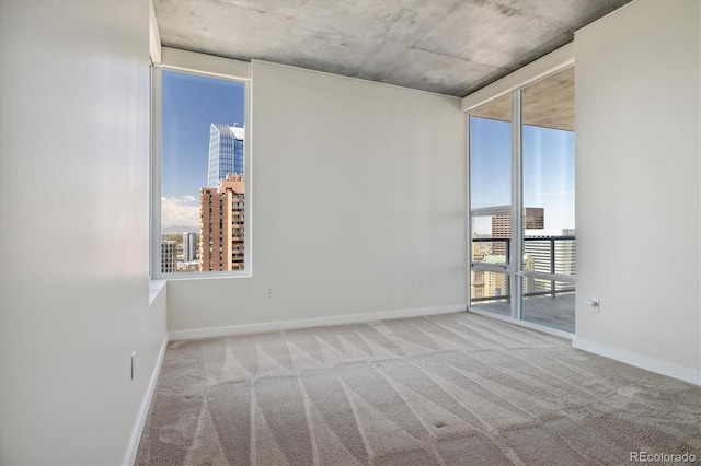 empty room featuring a healthy amount of sunlight, carpet flooring, baseboards, and a view of city
