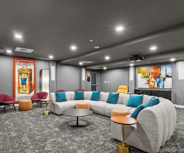 cinema featuring carpet flooring, baseboards, visible vents, and recessed lighting