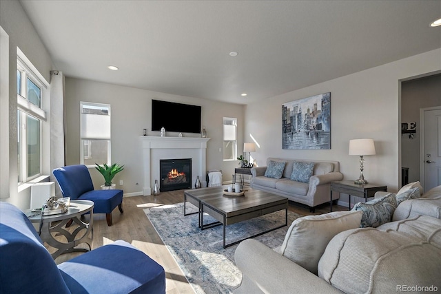 living area with a glass covered fireplace, recessed lighting, baseboards, and wood finished floors