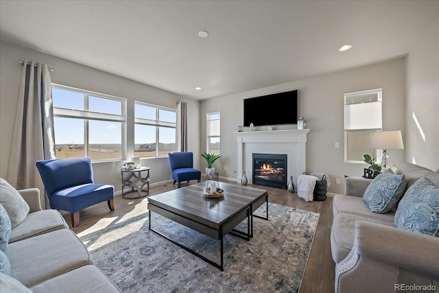 living room featuring a glass covered fireplace, recessed lighting, baseboards, and wood finished floors