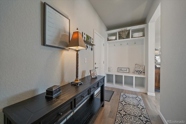 mudroom featuring baseboards and wood finished floors