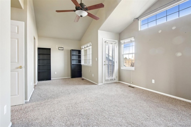 unfurnished bedroom with visible vents, baseboards, ceiling fan, access to outside, and carpet flooring