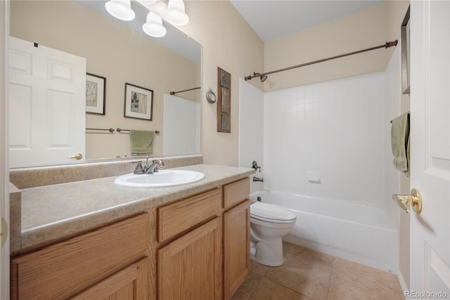 full bathroom featuring tile patterned flooring, vanity,  shower combination, and toilet