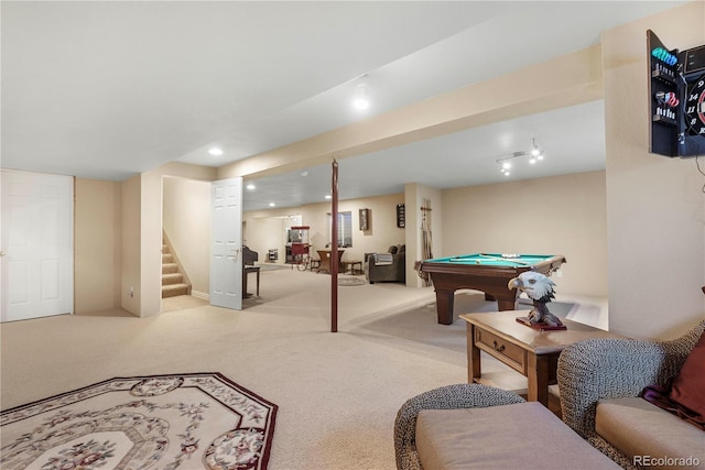 recreation room featuring light colored carpet and pool table