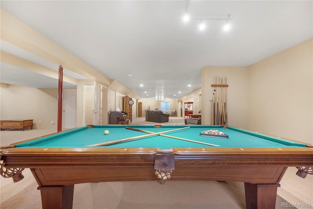 game room featuring light carpet, track lighting, and billiards