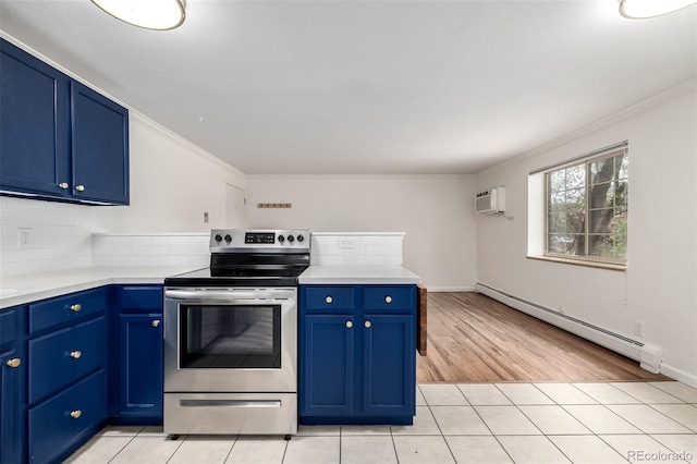 kitchen with ornamental molding, a baseboard radiator, light countertops, a wall mounted AC, and electric stove