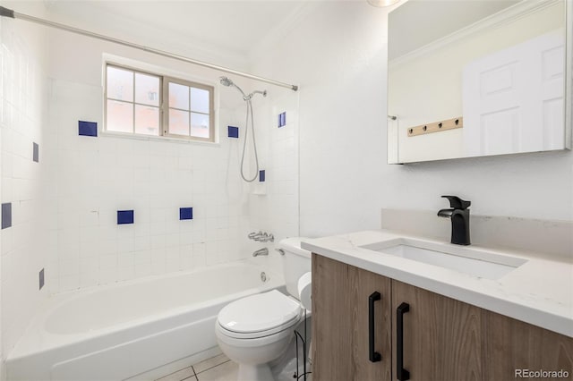 full bathroom with shower / tub combination, vanity, toilet, tile patterned floors, and ornamental molding