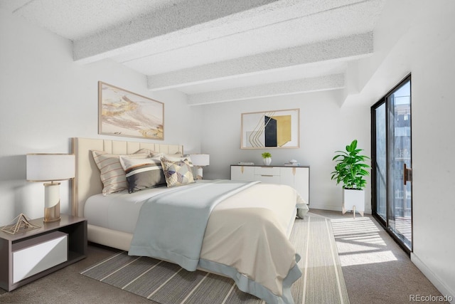 carpeted bedroom featuring beam ceiling, access to exterior, and a textured ceiling