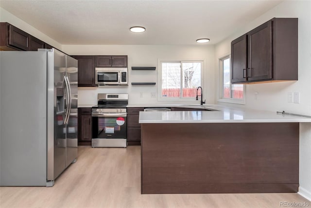 kitchen featuring dark brown cabinetry, stainless steel appliances, kitchen peninsula, and light wood-type flooring