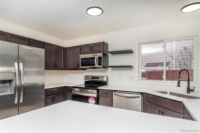 kitchen featuring dark brown cabinets, sink, and stainless steel appliances