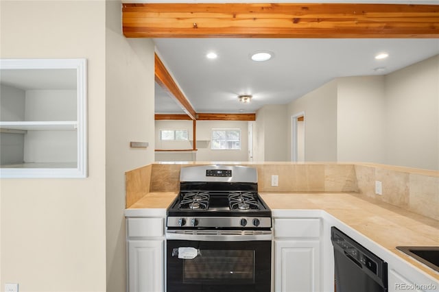 1264 Uinta St, Denver, CO 80220 - kitchen featuring stainless steel gas range oven, dishwasher, white cabinetry, light countertops, and recessed lighting