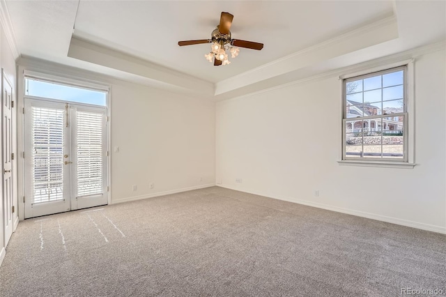 spare room featuring a healthy amount of sunlight, a raised ceiling, ornamental molding, and carpet floors