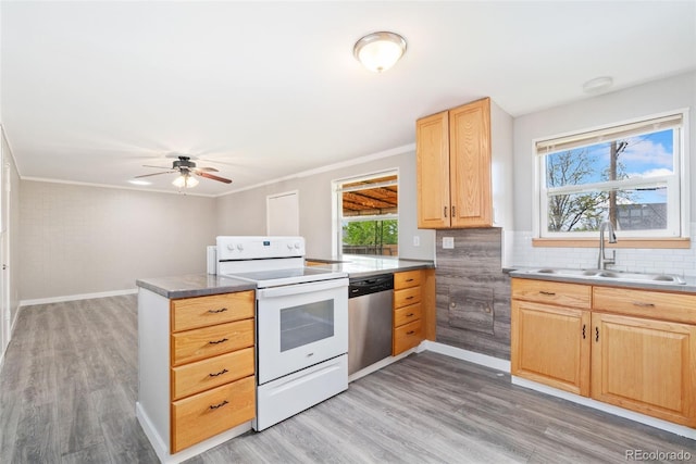 3270 W 92nd Pl, Westminster, CO 80031 - kitchen featuring white electric range oven, stainless steel dishwasher, a sink, a peninsula, and light brown cabinetry