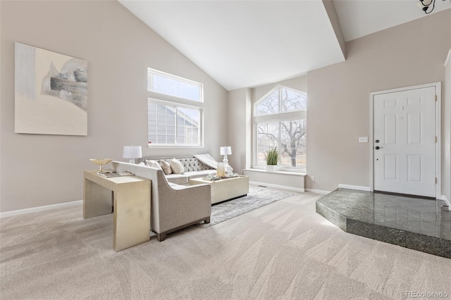 carpeted living room with high vaulted ceiling