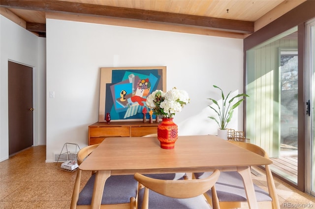 dining area featuring beamed ceiling and wood ceiling