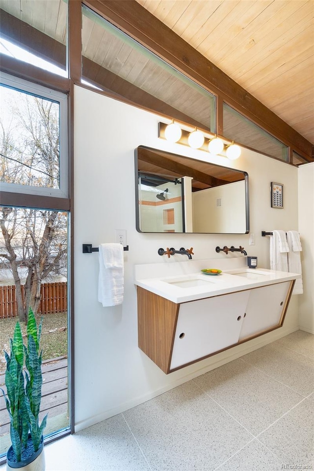 bathroom featuring beam ceiling, vanity, and wood ceiling