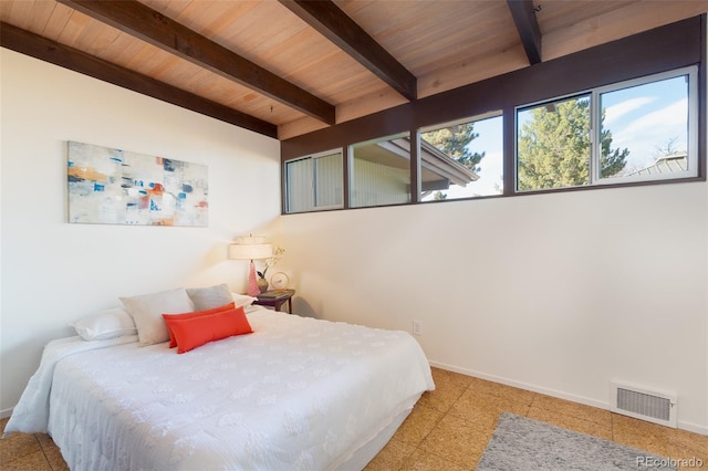 bedroom with beam ceiling and wooden ceiling